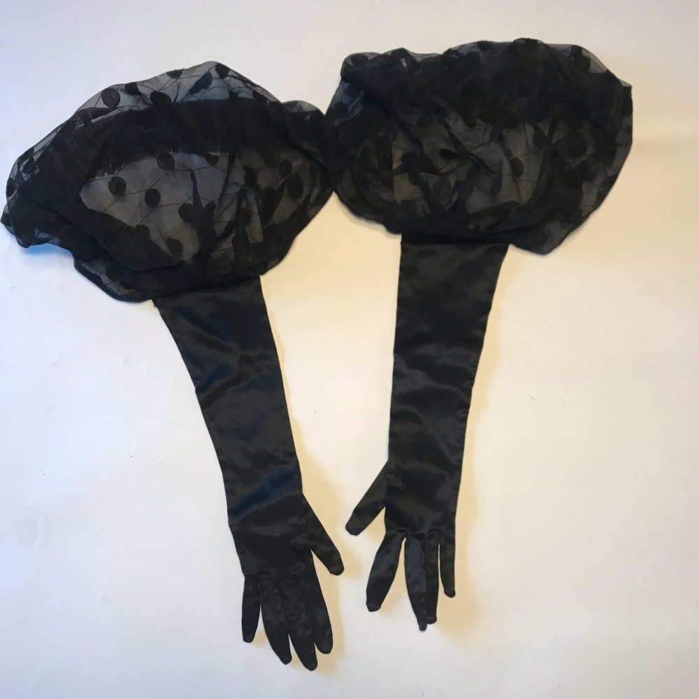 Vintage 80s Polka Dot Sheer Balloon Sleeve Long Evening Gloves Cocktail Black